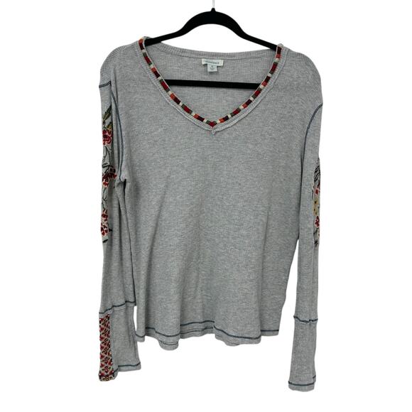 Sundance Grey Multi Floral Embroidered Long Sleeve Thermal Top Womens Medium - Picture 1 of 6